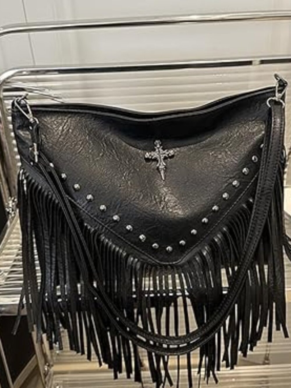 Stunning‎ Black Fringe Purse with Cross Hobo Gothic Punk Black Studded